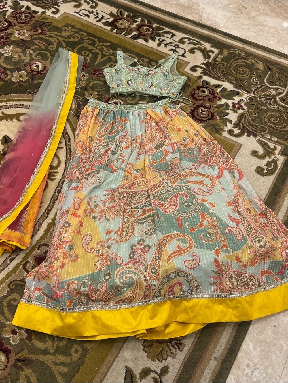 Colorful lehenga perfect for mendhi pithi event